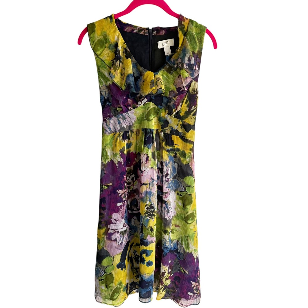 ANN TAYLOR LOFT Sleeveless Floral Watercolor‎ Ruffle Neck Ladies Dress, 6